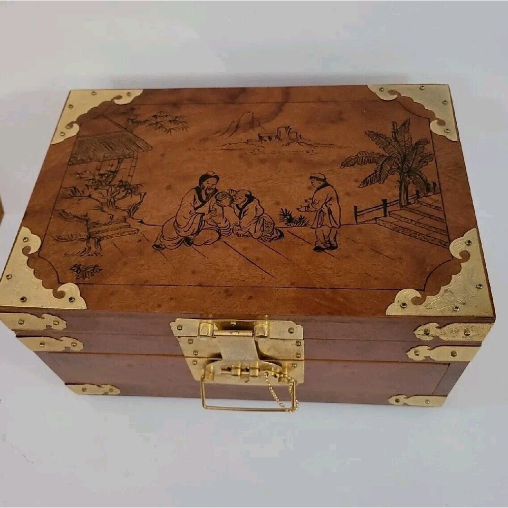 VTG Asian Wood Jewelry Box Chest Handpainted Brass Hardware key LARGE
